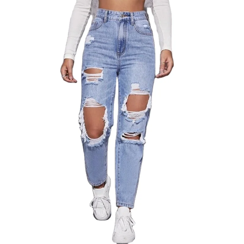 Bulk Wholesale Women's High Waist Straight Leg Ripped Jeans Distressed  Denim Pants