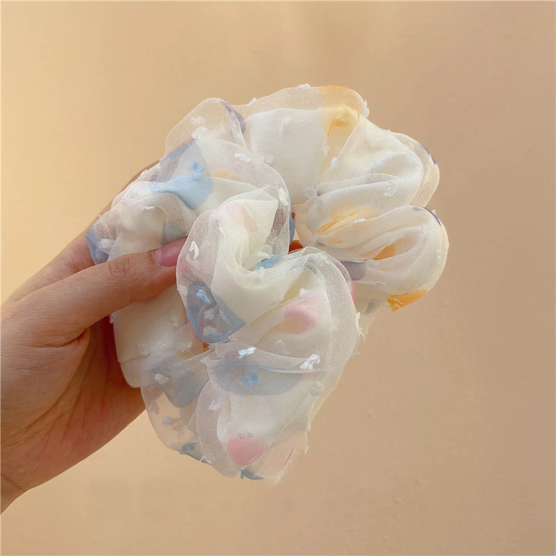 Fairy double layer organza flower printed hair bands women girls hair scrunchies