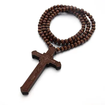 Factory Direct In Bulk Cross Beads Wood Necklace Fashion wooden Bead Rosary Long necklace