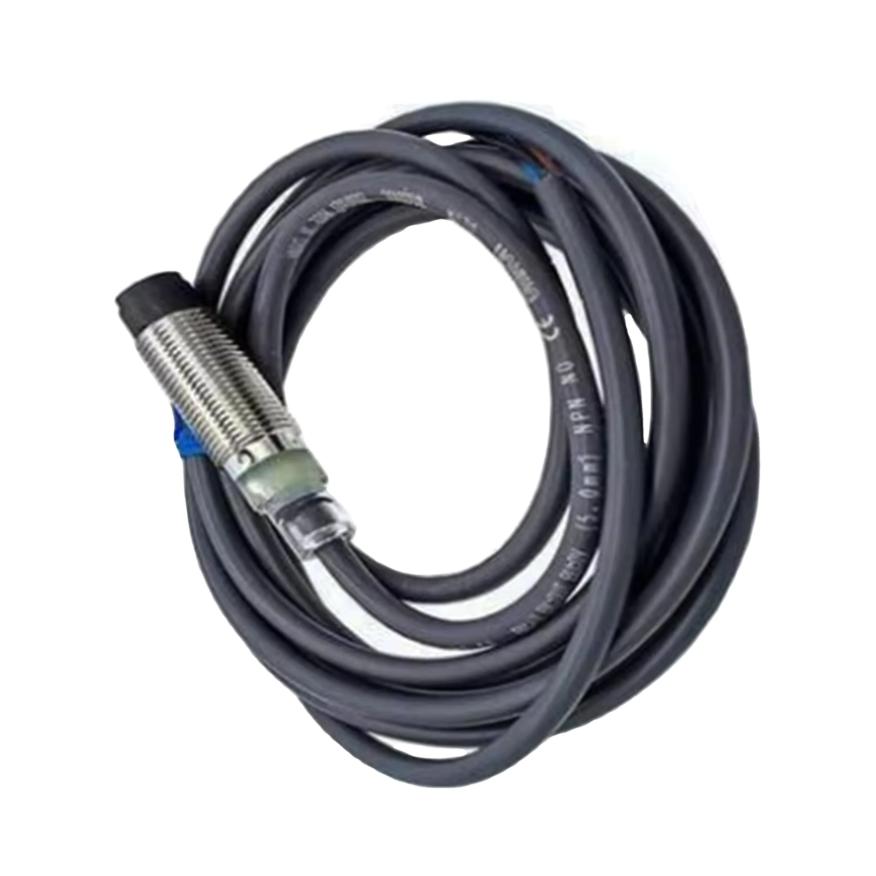 New Original Omron E2B series proximity sensor. M30 cylindrical design, 30mm sensing distance, M12 connector, DC 3-wire NPN output, 12-24V DC supply, IP67 protection. Used for metal object detection, positioning and counting in industrial automation, with