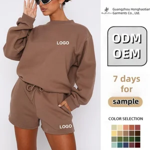 Designer Wholesale Custom Logo Printed Winter 2-Piece Set Brown Long Sleeve Sweatshirt and Shorts Unisex Sweatsuit Tracksuit