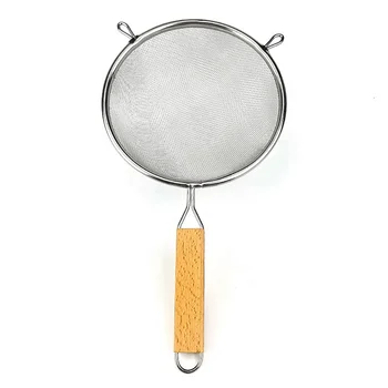 Food safe 14cm Stainless Steel kitchen Skimmer with wooden handle Stainless steel flour sifter