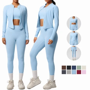 High-Waisted Zip-Up Long Sleeve Cardigan and Exercise Yoga Pants Set Breathable Solid Pattern Fitness Three Piece Outfit
