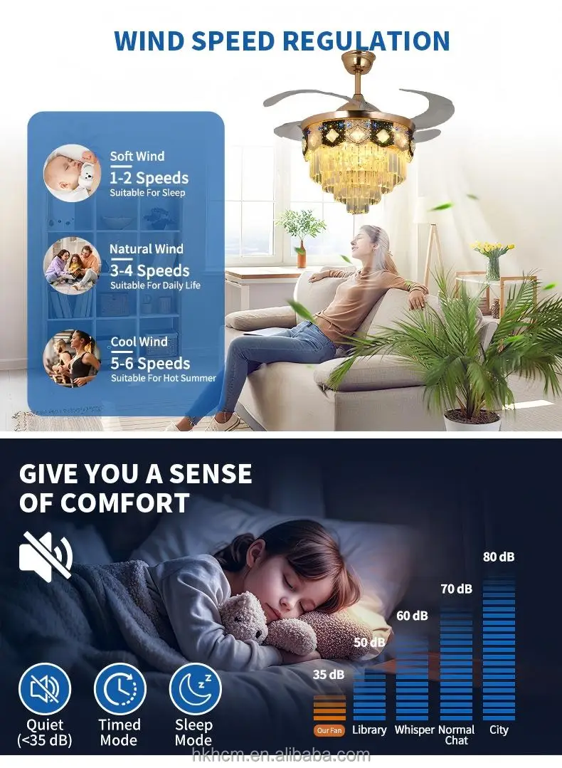 product crystal ceiling fan light fixture fandelier led remote 6 speed reversible dc motor 48inch blade 30 34db quiet living-4