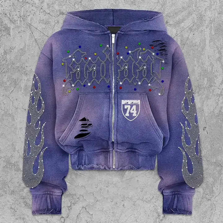 Salati Men's High Quality Hoodies 400GSM French Unisex Zip-up Crystal Diamond Rhinestone Sun Faded Boxy Acid Wash Drop Shoulder gallery 7