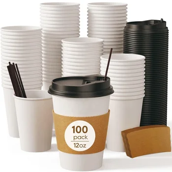 100 Pack 12 Oz To Go Coffee Cups Disposable Paper Coffee Cups With Lids ...