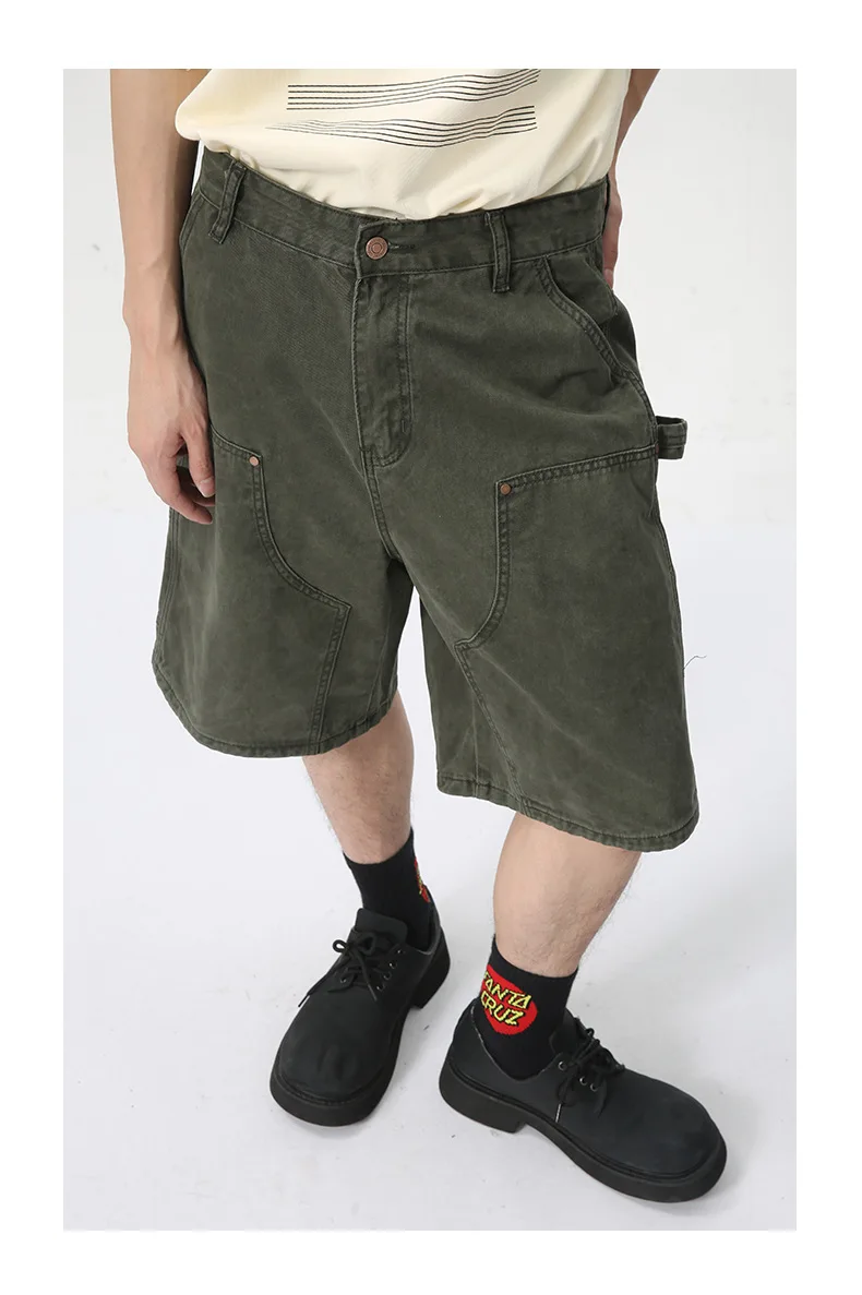 Mens Summer Short Green Straight Loose Wide Leg Washed Workwear Carpenter Style Denim Cargo Shorts Baggy Men Jeans_voghion.com