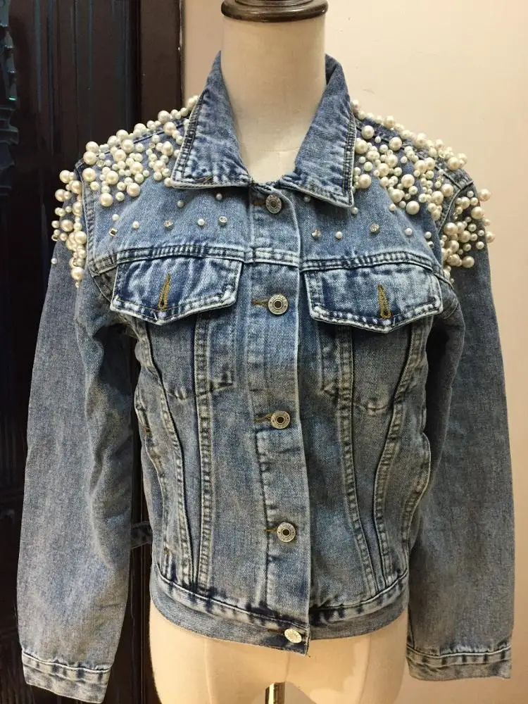 Custom Pearl Design Coat Turn Down Collar Denim Jacket Women Three Quarter  Sleeve Slim Jeans Jacket for Women