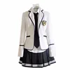 White top + shirt and tie + black skirt