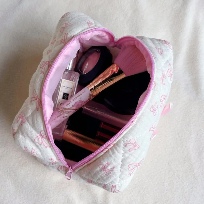 Wholesale Promotional Cotton Cosmetic Bag Cute Bow Daily Necessities Storage Makeup Organizer Factory Price