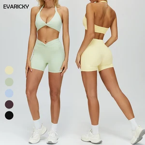 Evaricky Hot Selling Fashionable Women High Waist Shorts Yoga Set Two-piece Breathable Activewear Halter V-neck Bra Workout Set
