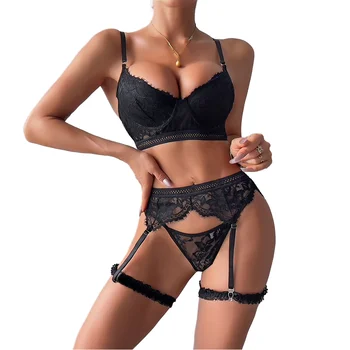 Black Classic Lace Woven Elastic Tape Women Underwear And Bra Set See-Through Hollow-Out 4 Pieces Sexy Lingerie Sets Exotic