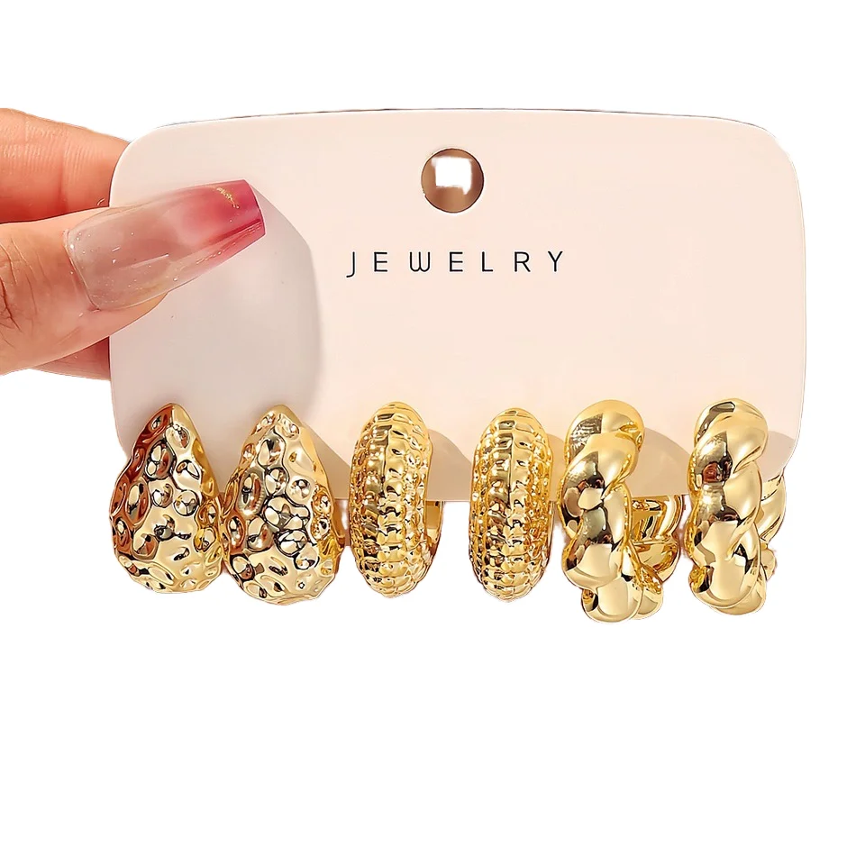 2026 New Design Crossover Women's Three-Piece Simple Creative Personality Earrings Set Gold-Plated C-Type Fashion Dangle