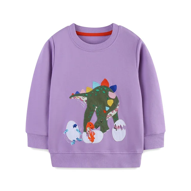 Girls Cotton Sweatshirt Autumn Top with Lined Design and Cartoon Dinosaur Pattern for 2-7Y