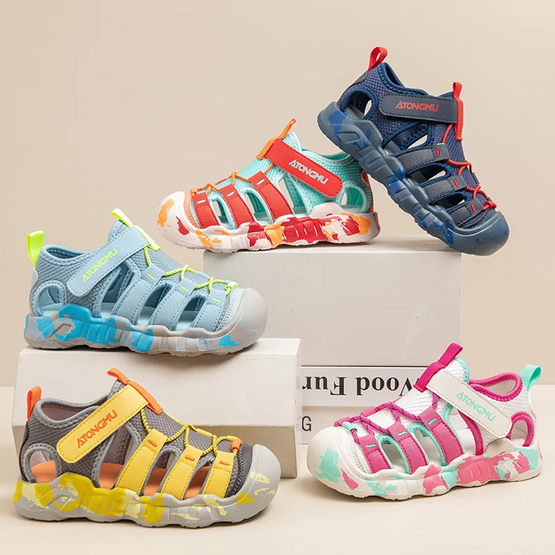 2025 Summer New Anti-collision Toe Children's Sports Sandals Soft Bottom Beach Shoes for Girls and Boys New Design for Wading