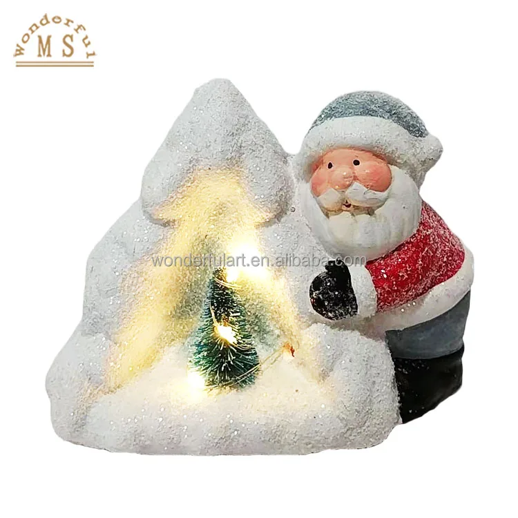 5cm Led Plastic Christmas Tree with Small Terracotta Santa Figurine This is Suitable for Seasoning Gift and Tabletop Decoration