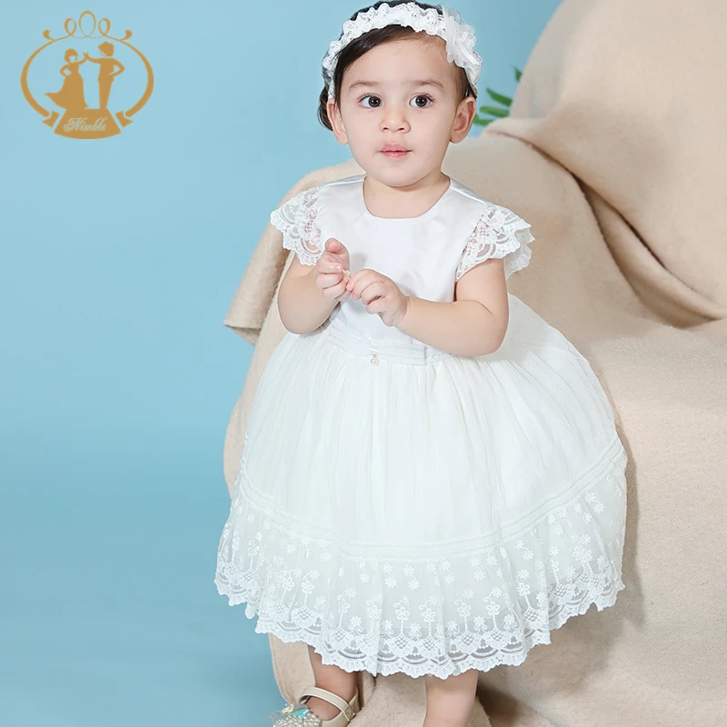 Nimble New Arrival Lace White Communion Dress for Girls Sleeveless Baby Girl Dress 2pc With Headband Baby Cotton Frocks Designs