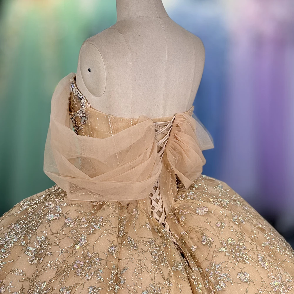 Gold Sequins Applique Quinceanera Dresses Graduation Dresses College Off  the Shoulder Prom Sweet 16 Dress Dy1230-1
