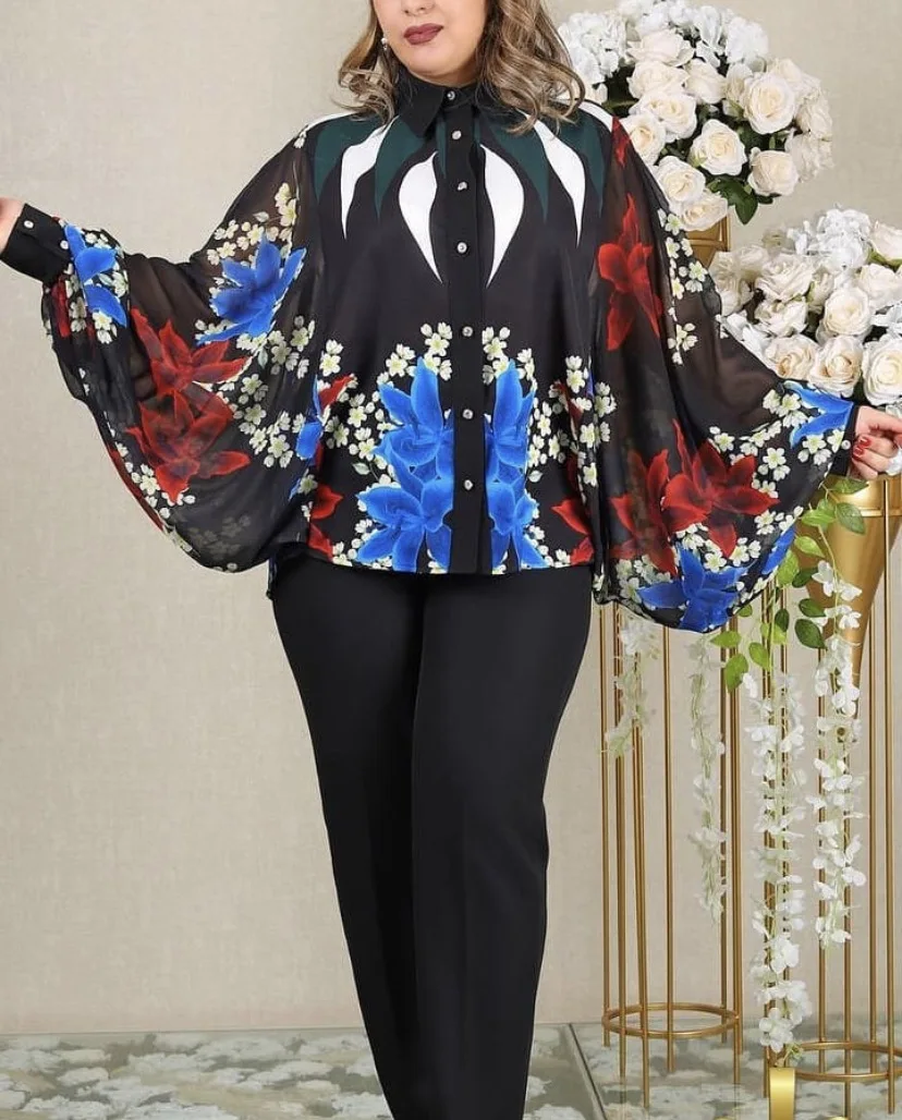 New African Plus Size Ladies Clothing Loose Print Stitching Bat Sleeve