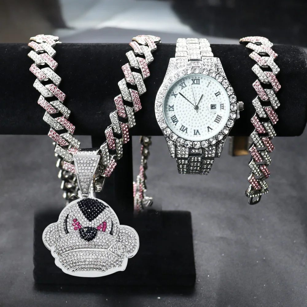 Iceout Miami – montre à maillons cubains Hip Hop pour hommes, collier avec  pendentif singe pour hommes, chaînes, ensemble de bijoux, montre en diamant 