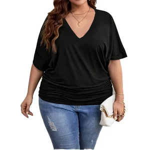 Wholesale 2026 Summer Fashion Custom Plus Size Women's Loose V Collar Tops Breathable Solid Short Sleeve Casual T-Shirts ODM