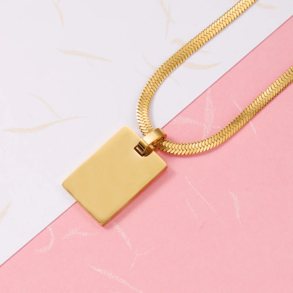Tarnish Free Fashion Jewelry Flat Snake Chain Stainless Steel Rectangle Engrave Blank Pendant Logo Name Plate Custom Necklace