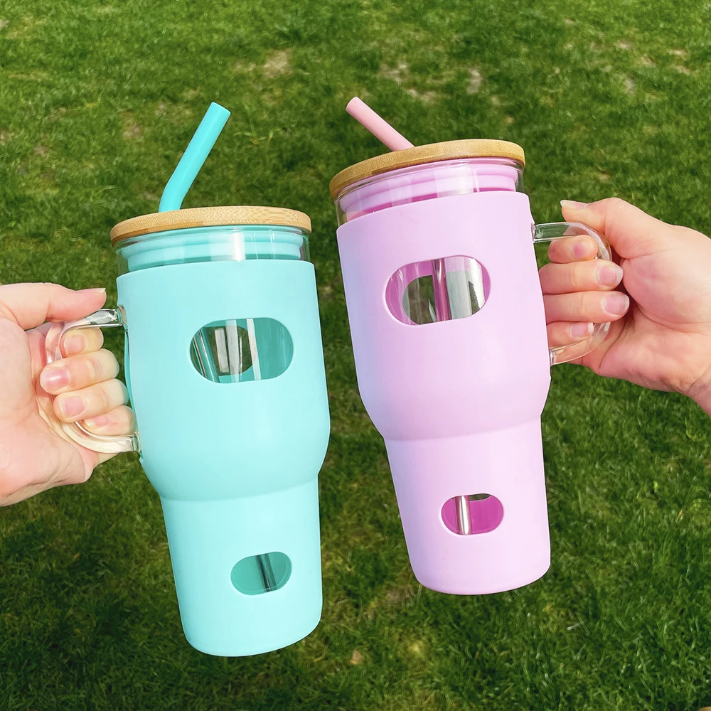 Neuankmmling Bambus deckel 32 oz Glas griff Becher becher mit Silikon  hlle und Strohhalmen perfekt fr Smoothies und Eis kaffee| Alibaba.com