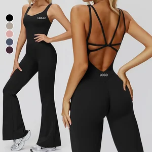 Custom Logo Popular Yoga Bodysuit Crossed Back Lightweight One Piece Workout Playsuits Loose Leg Sports Fitness Jumpsuits