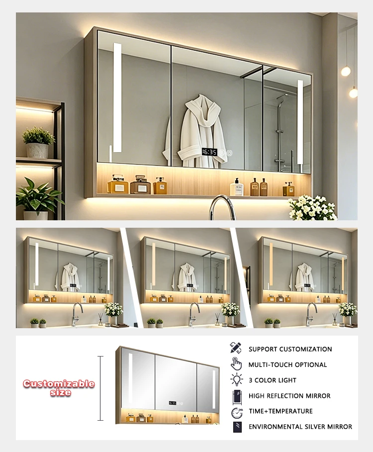 product oem hot selling led mirror bathroom cabinet anti fog makeup mirror cabinet  bathroom mirror with led light and cabinet for hotel-4