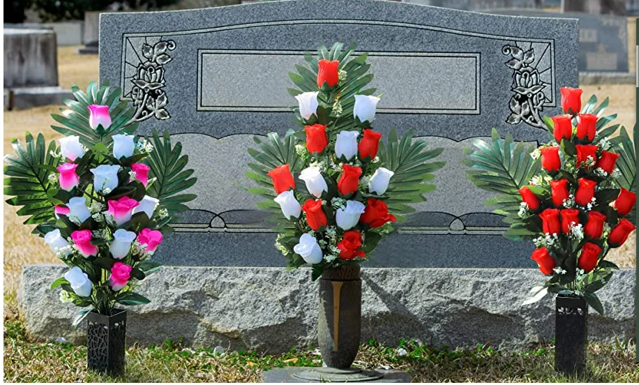 2 Sets Of Artificial Cemetery Flowers,Outdoor Grave Decorations Roses