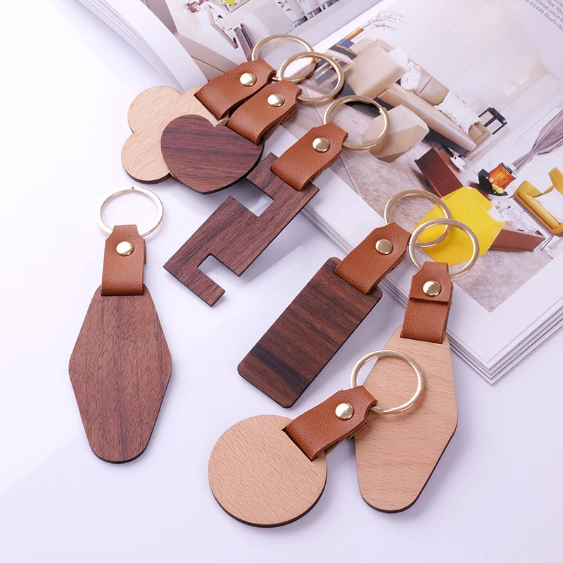 product custom logo laser cut out 3d wooden keychain holder stainless steel and pu plastic with blank wood pvc and metal keychains-3