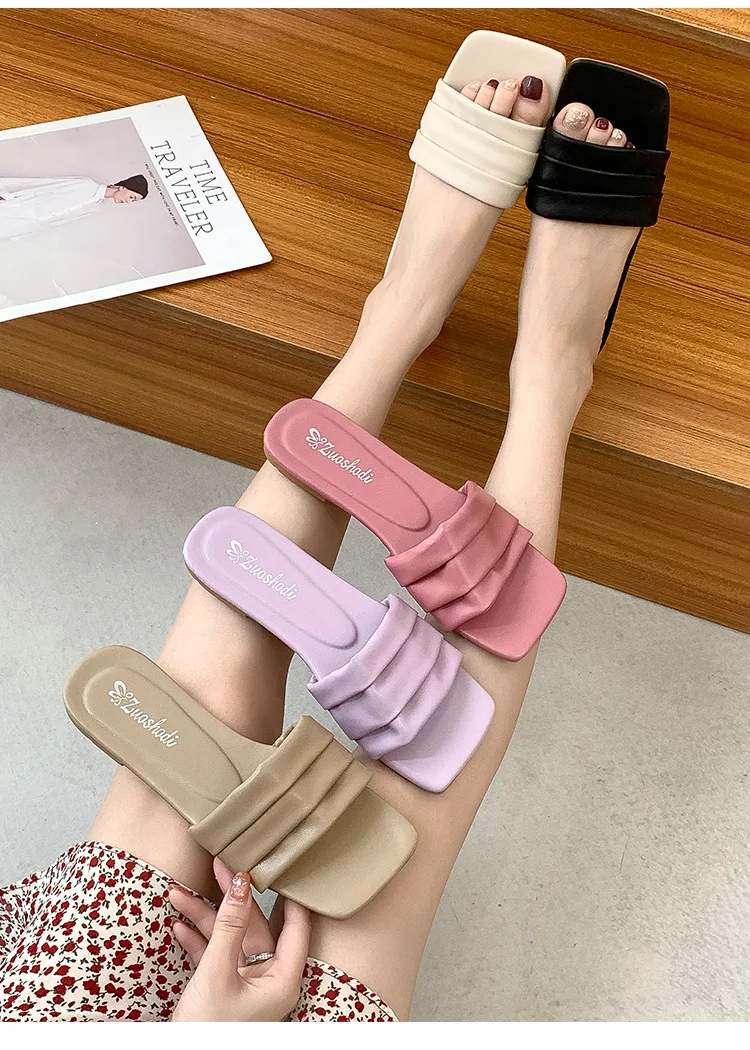 Solid color PU folding flat sandals slippers  W008