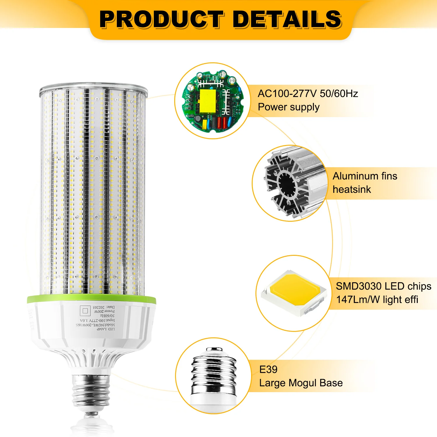 KUKUPPO 80W LED Corn Light Bulb E39 Mogul Base – 5000K Daylight, 12,000 Lumens, UL & DLC