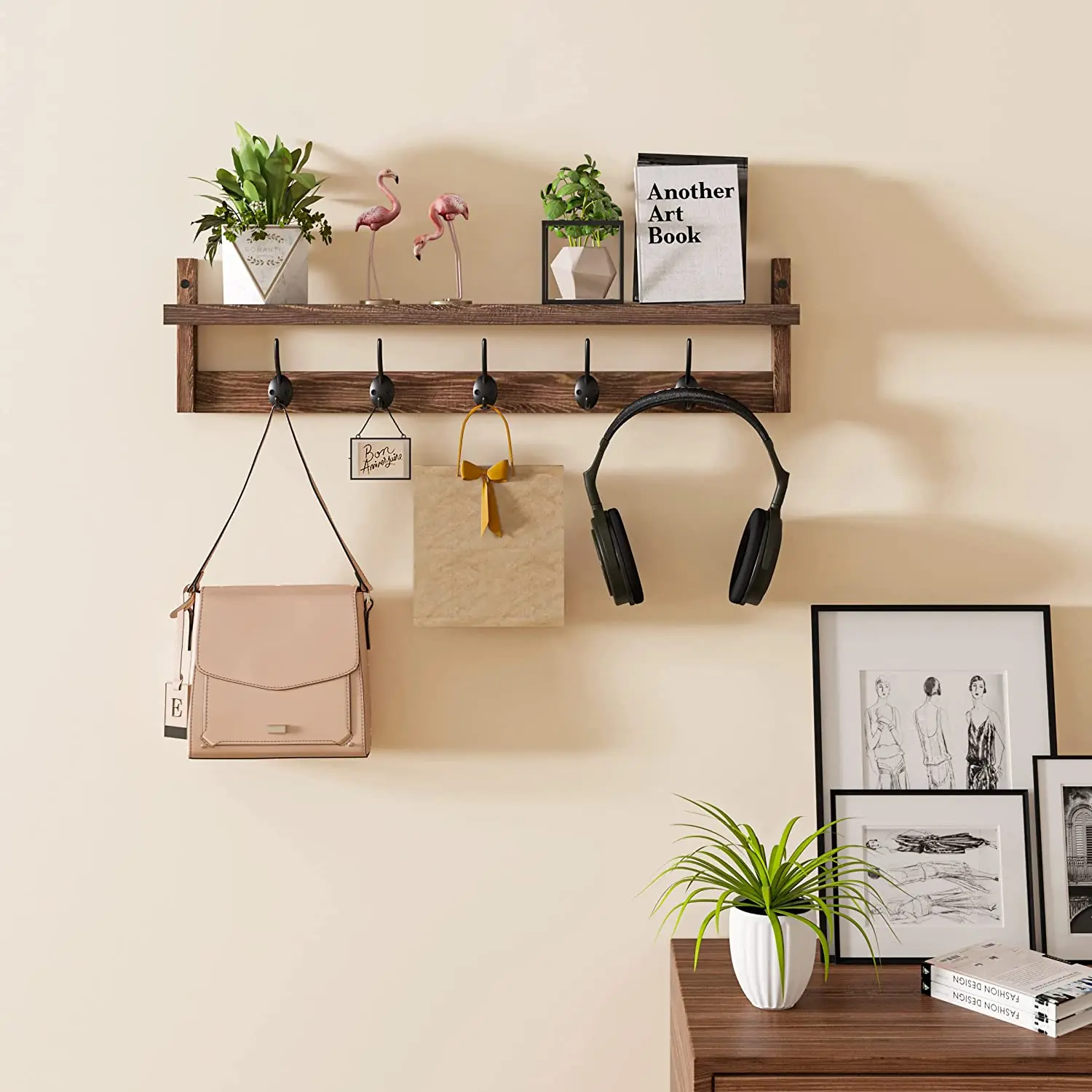 Wall Hanging Shelf with Wood Coat Hooks Eco-friendly - Main Image