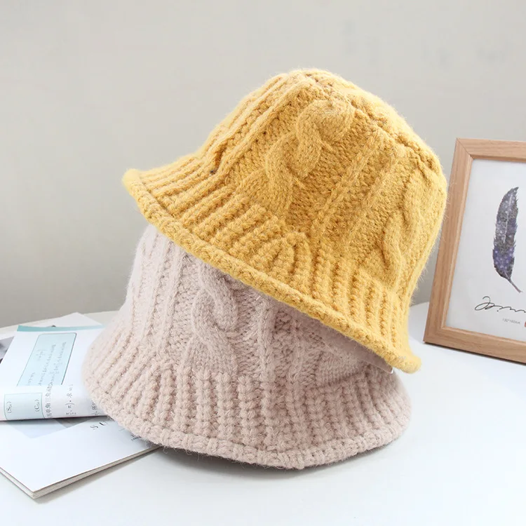 New custom designer winter fashion women warm cable knit hats yellow knitted crochet bucket hat with your own logo