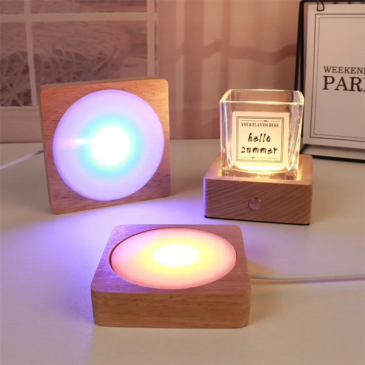 Garneck - Socle Lumineux En Bois Avec LED USB - Pour Boule De Cristal, Veilleuse, Objet Décoratif - Base D'exposition Compacte 10x10 Cm - Kaki - Alimentation USB