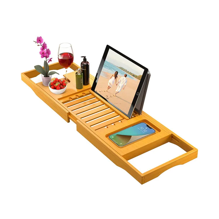 Luxury Spa Organizer Bathtub Caddy Tray with Tablet &Phone Holder Wine Glass Slot Expandable Bath Shelf for Bathroom Accessories