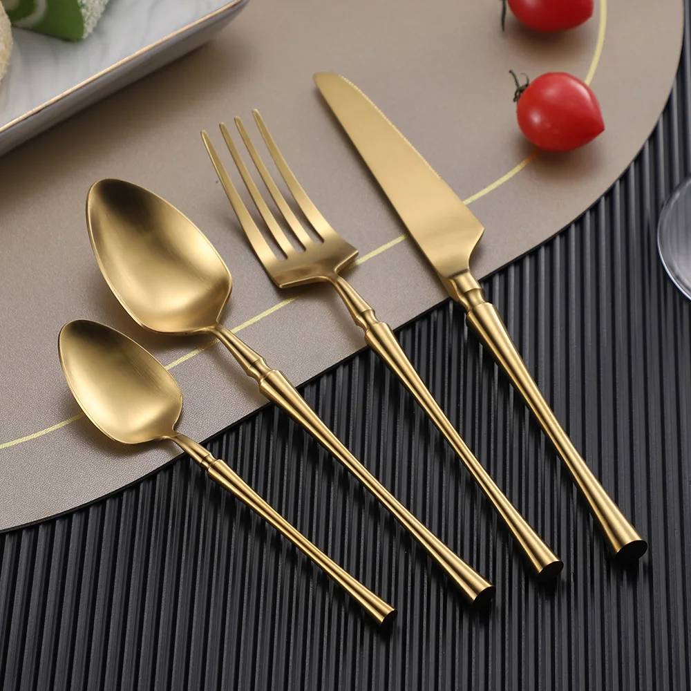 Luxury Gold Flatware Custom Logo Forks and Spoons Stainless Steel 18 10 Matte Gold Cutlery Set for Wedding