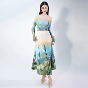 Miyake Pleated Women's Fashionable Stretch Printed Top and A-Line Skirt Set Elegant and Unique Two-Piece Set