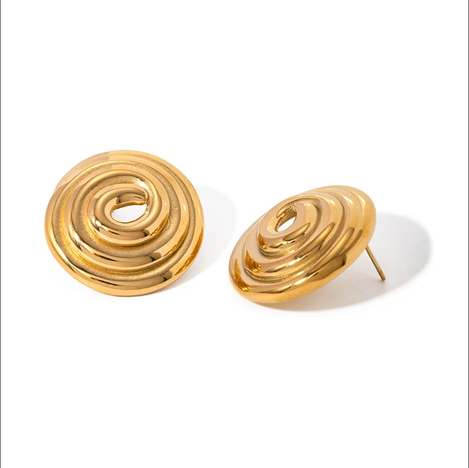 Round Textured Gold Plated Stainless Steel Stud Earrings for Women Engagement Gift Jewelry
