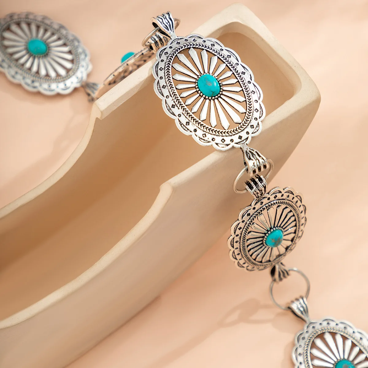 Western Concho Chain Belt Metal Turquoise Boho Cowgirl Country Concert Outfit western concho chain belt – The Bevel Label main image 2