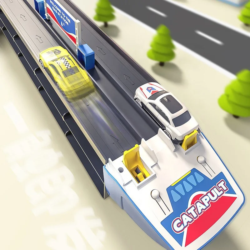 Samtoy Slide Foldable Ejection Track Transport Diecast Model Construction Toy Cars Set Container Truck Toy With 10 Alloy Cars
