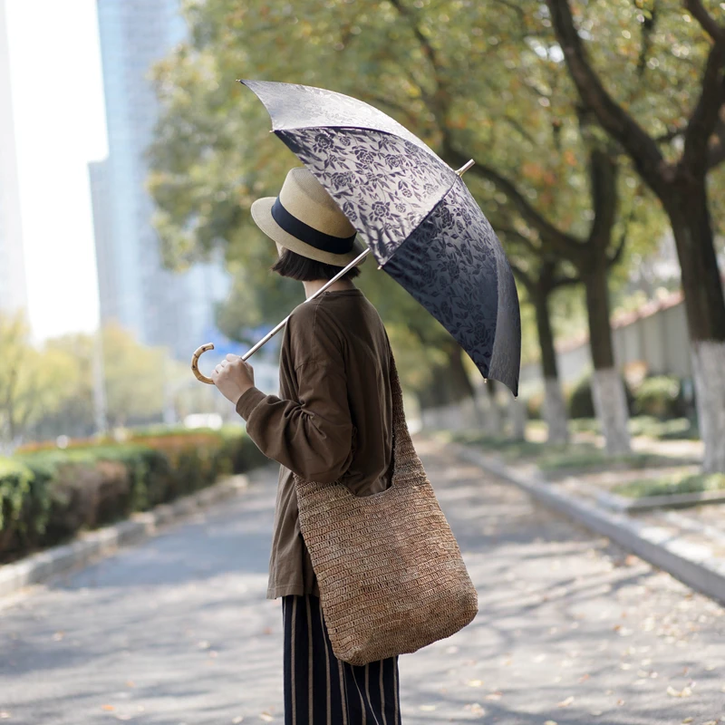 Manual Opening Vintage Style Old Fashion Japanese J Crook Shaped Bamboo Handle Straight Umbrella