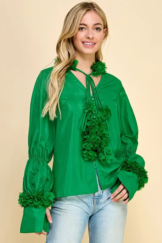 Ladies Romantic Flower Blouse-bubble Sleeve, Collar With 3d Flower Lace Decoration, Suitable For Travel And Vacation - Image 2