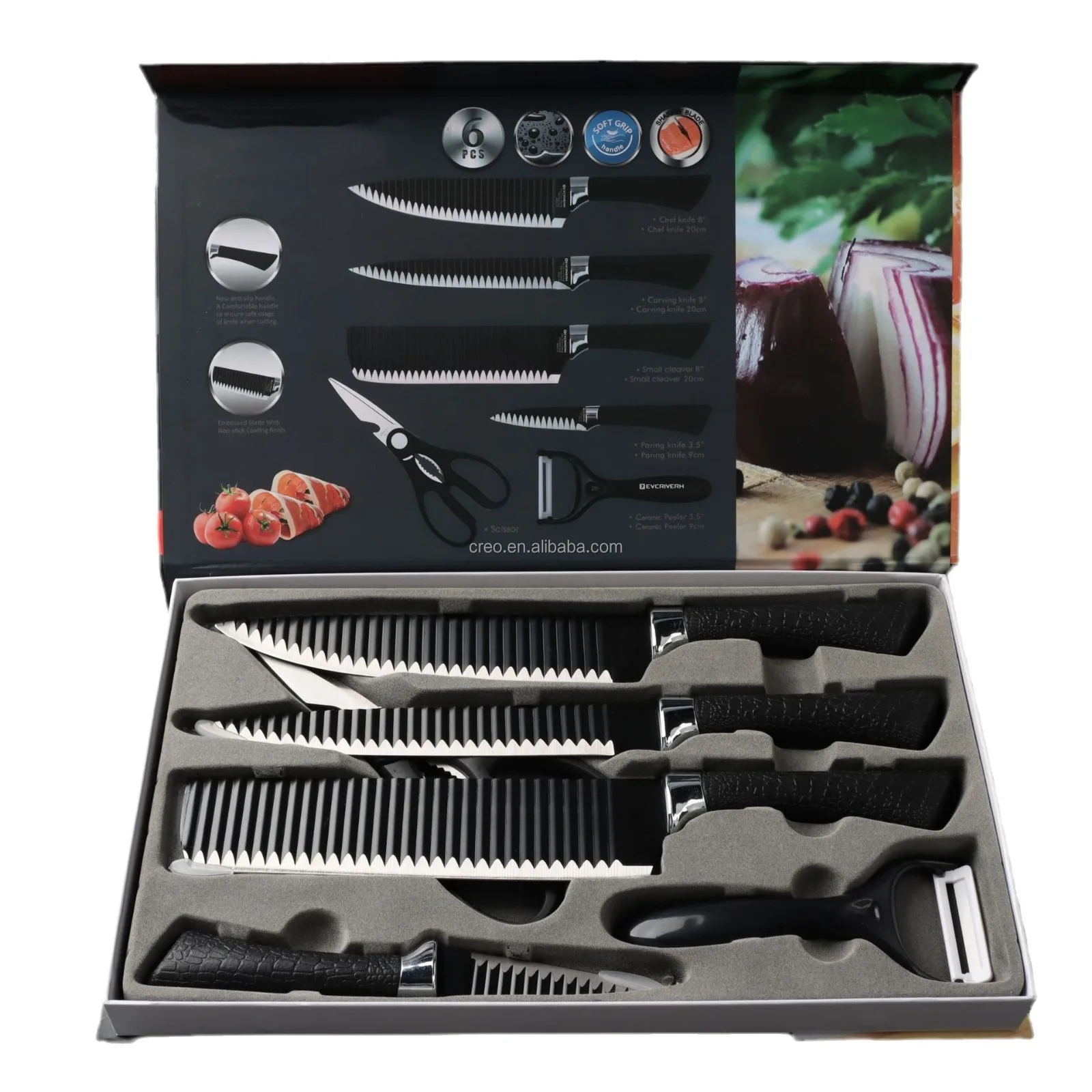 product premium gift knives 6 pcs stainless steel kitchen knife set with plastic handle chef knife peeler scissors for home restaurant-35