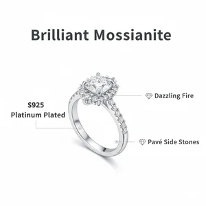 Custom Shiny Fully Paved Classic Prong Set Moissanite Ring Fine S925 Sterling Silver Platinum Plated Women Engagement Wedding