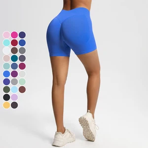 Women's Quick Drying Tight Seamless Yoga Shorts High Waisted Wrinkled Hip Lifting Breathable Solid Color Running Sports Shorts