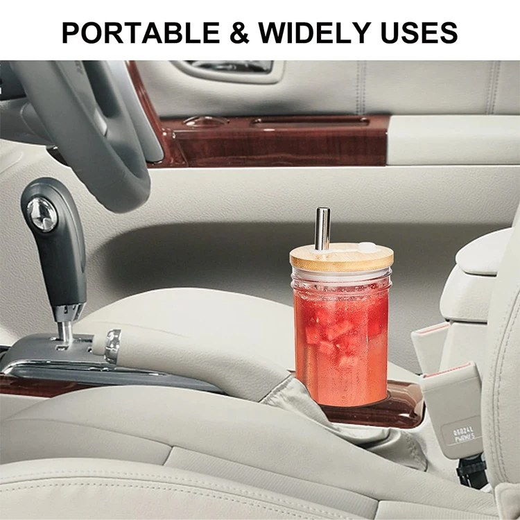 Reusable 24 Oz Bubble Tea Cup Wide Mason Mug With Bamboo Lid And