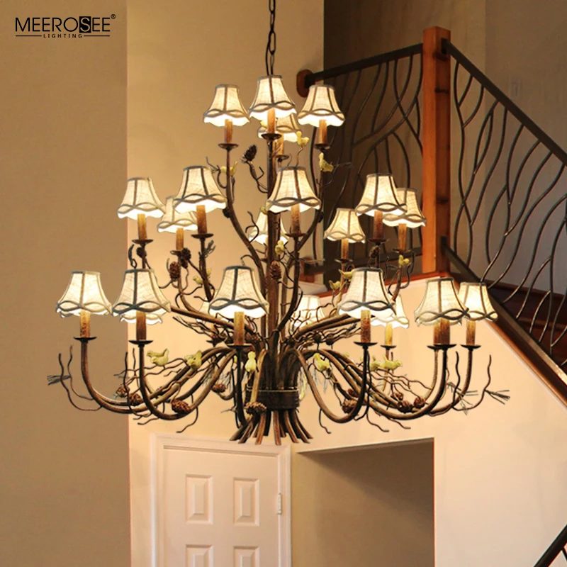 Meerosee Painting Oil Seal Iron Lamp Branch Chandeliers Lustres Modernes Contemporary Simulation Bird Lighting MD86815