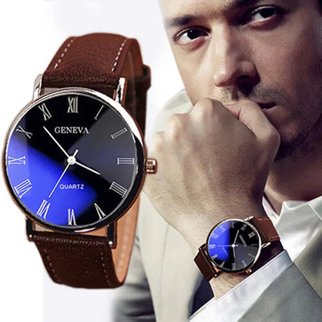 Fashion Leather wristwatch Business for Men Roman Literal Belt Blu-ray Bright Casual Watch